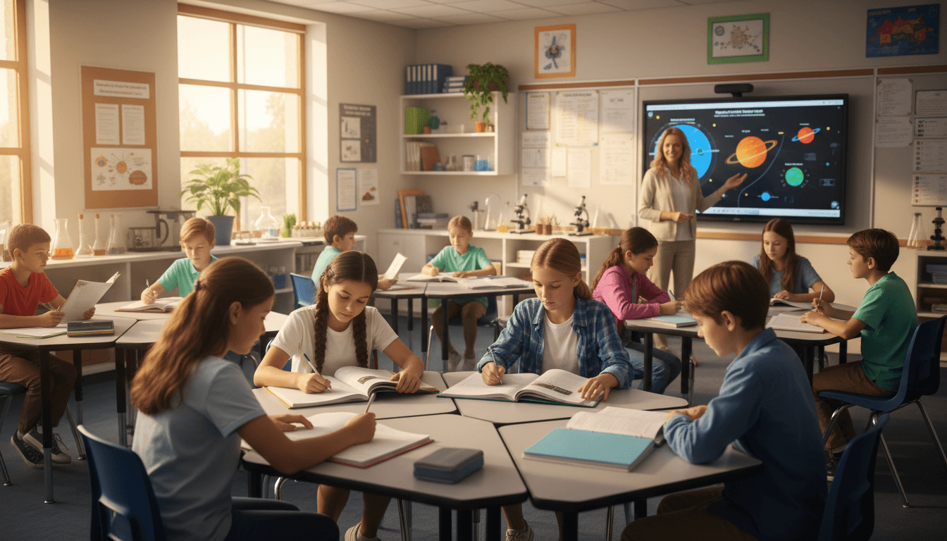 Seventh grade students in a science class reviewing curriculum materials at their desks