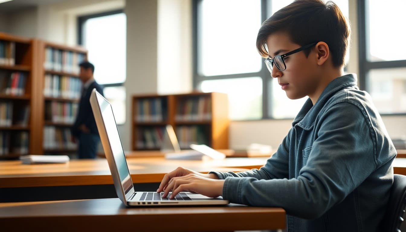 Seventh grade student using a laptop for research in a library with a teacher nearby