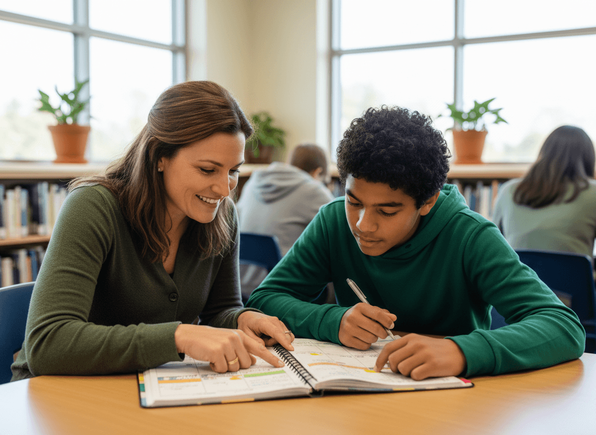Parent helping a seventh grader review a planner for the week without looking at the homework itself