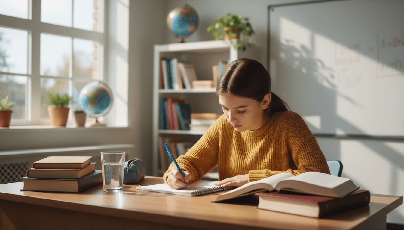 Seventh grade student doing homework at a desk with multiple textbooks and a notebook open