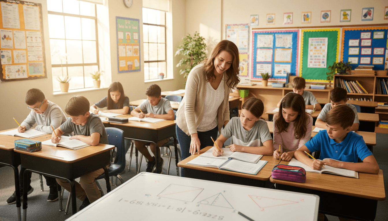 Seventh grade students working on math problems at their desks in a middle school classroom