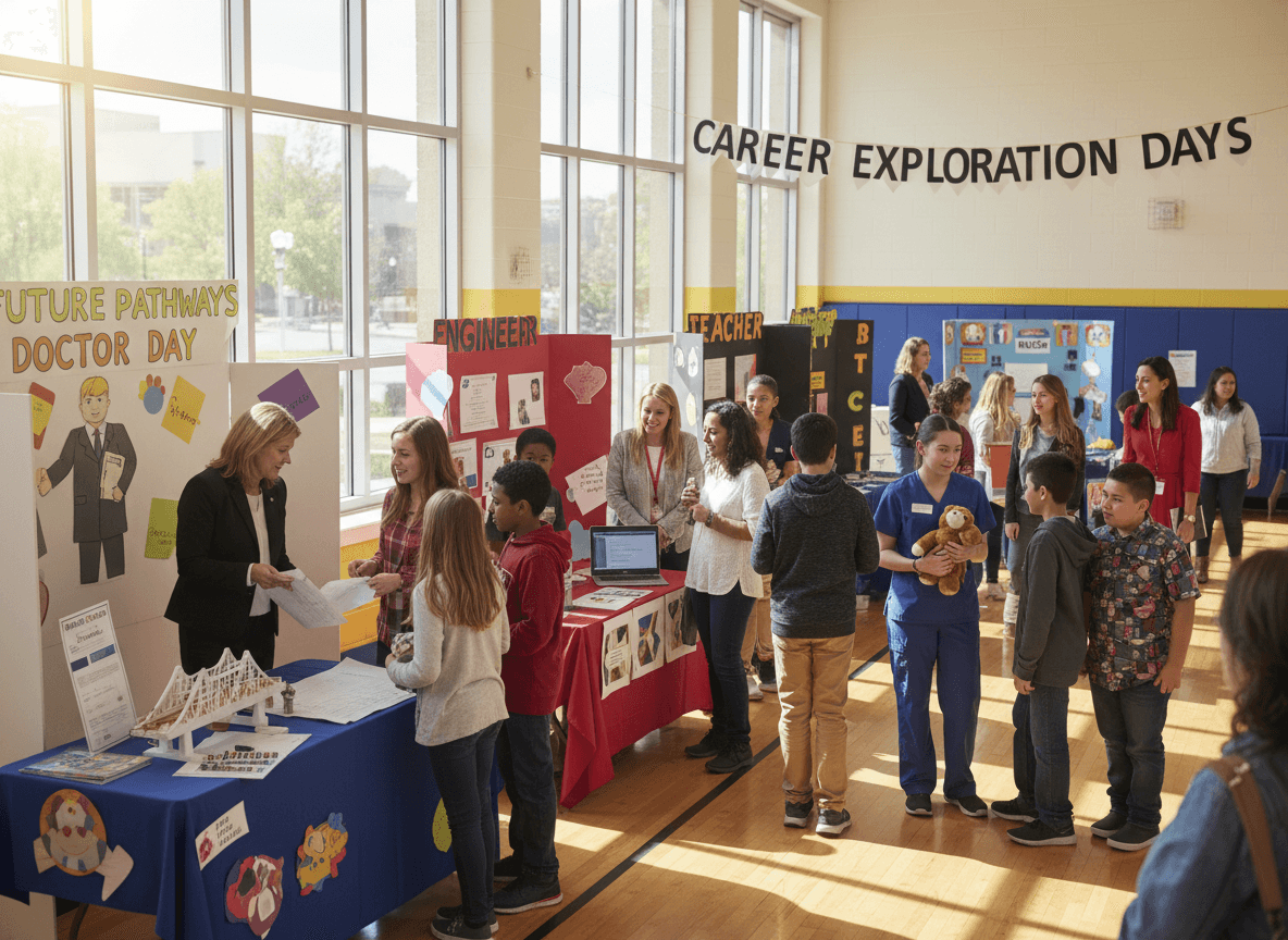 Middle school students at a career exploration event with parent guest speakers