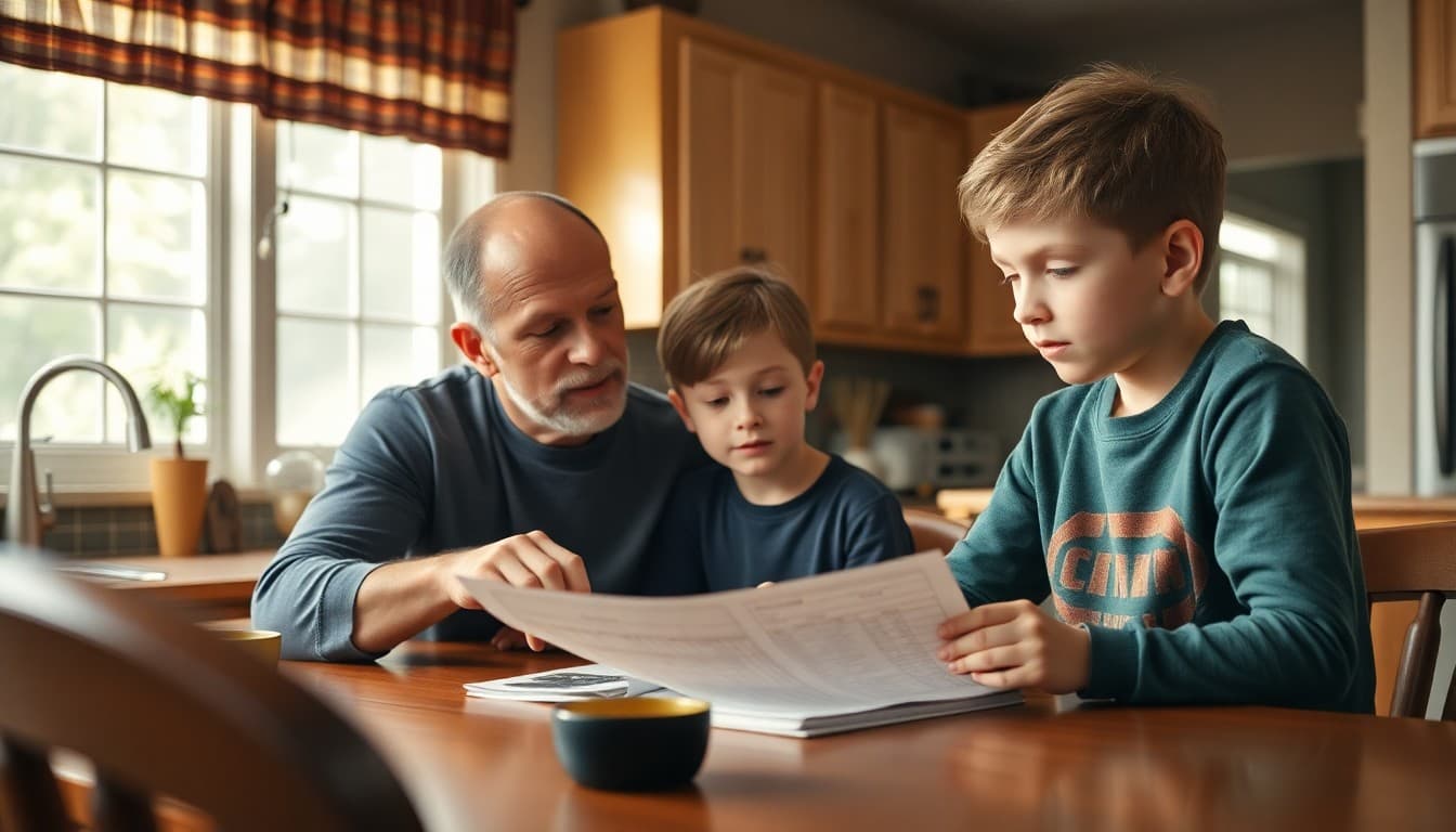 A parent sitting with their 7th grade child reviewing a progress report at the kitchen table