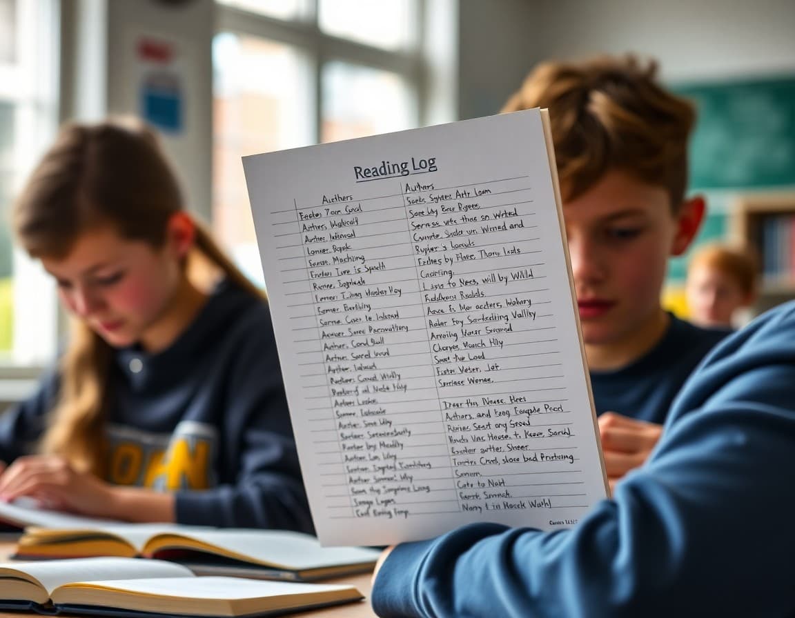 A completed 7th grade reading log showing titles, authors, and brief responses