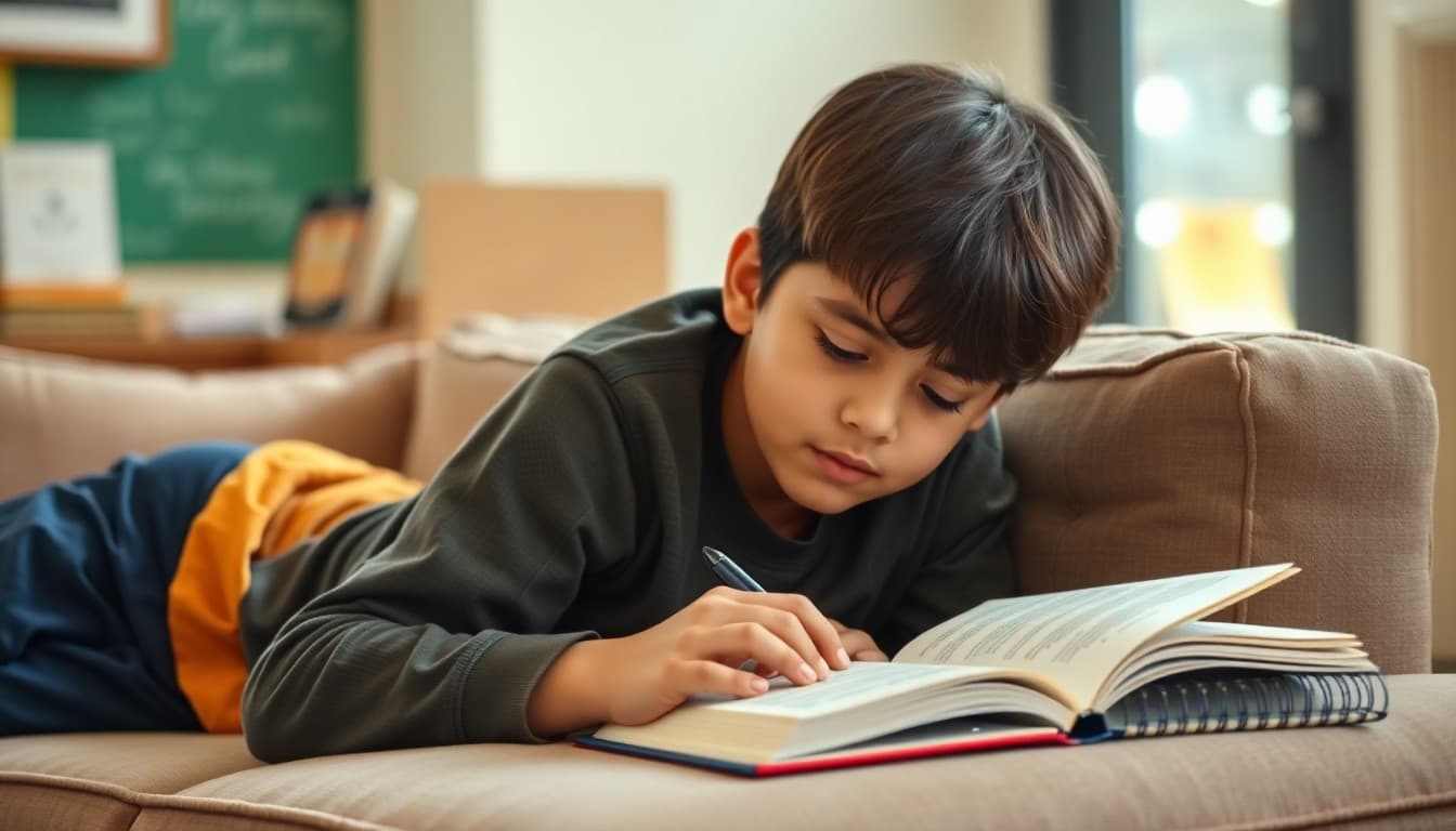 Seventh grade student lying on a couch reading independently with a reading log journal beside them