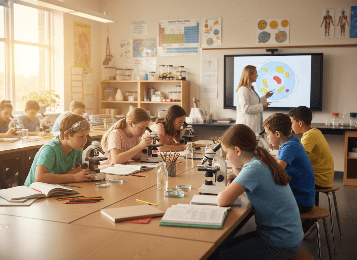 A 7th grade science classroom with students examining specimens under microscopes