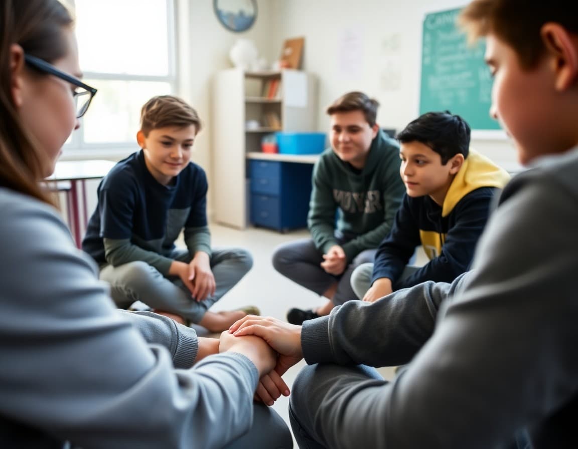 7th grade advisory class doing a trust-building activity together in a circle