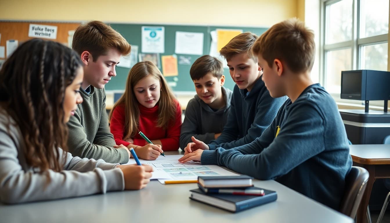 Group of 7th grade students collaborating on a project at a table in a middle school classroom