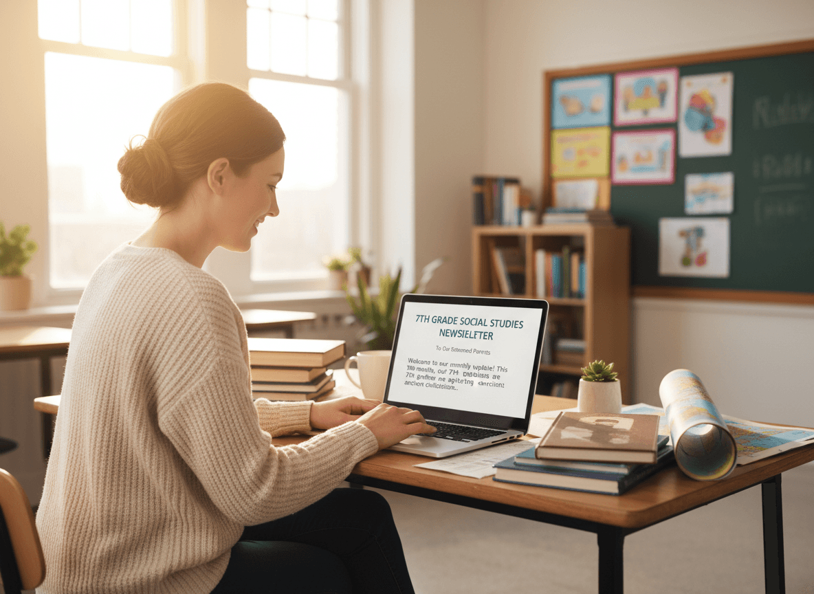 Teacher writing a social studies newsletter for 7th grade parents on a laptop
