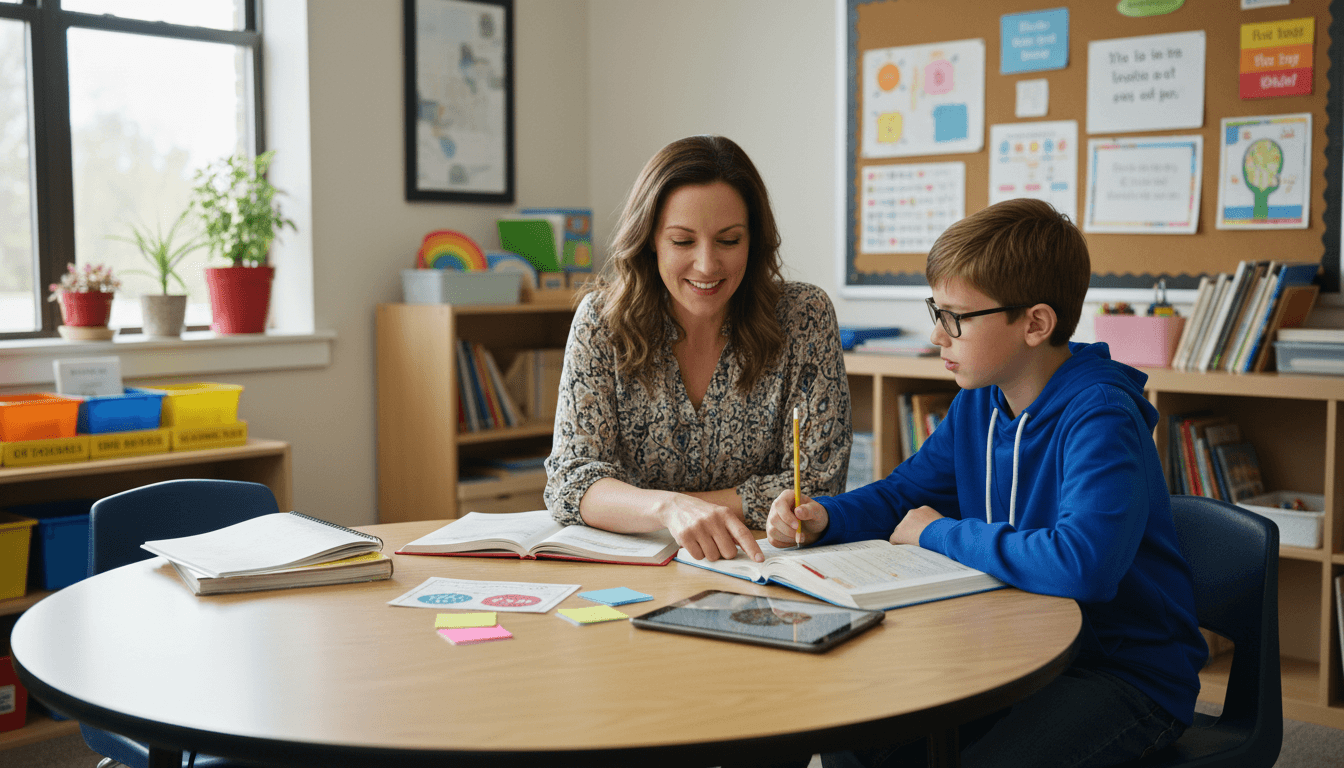 Special education teacher meeting with a 7th grade student in a resource room