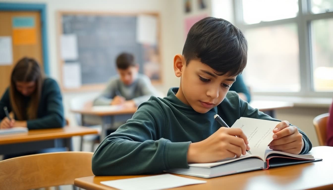 Seventh grade student writing spelling words in a vocabulary notebook at a desk