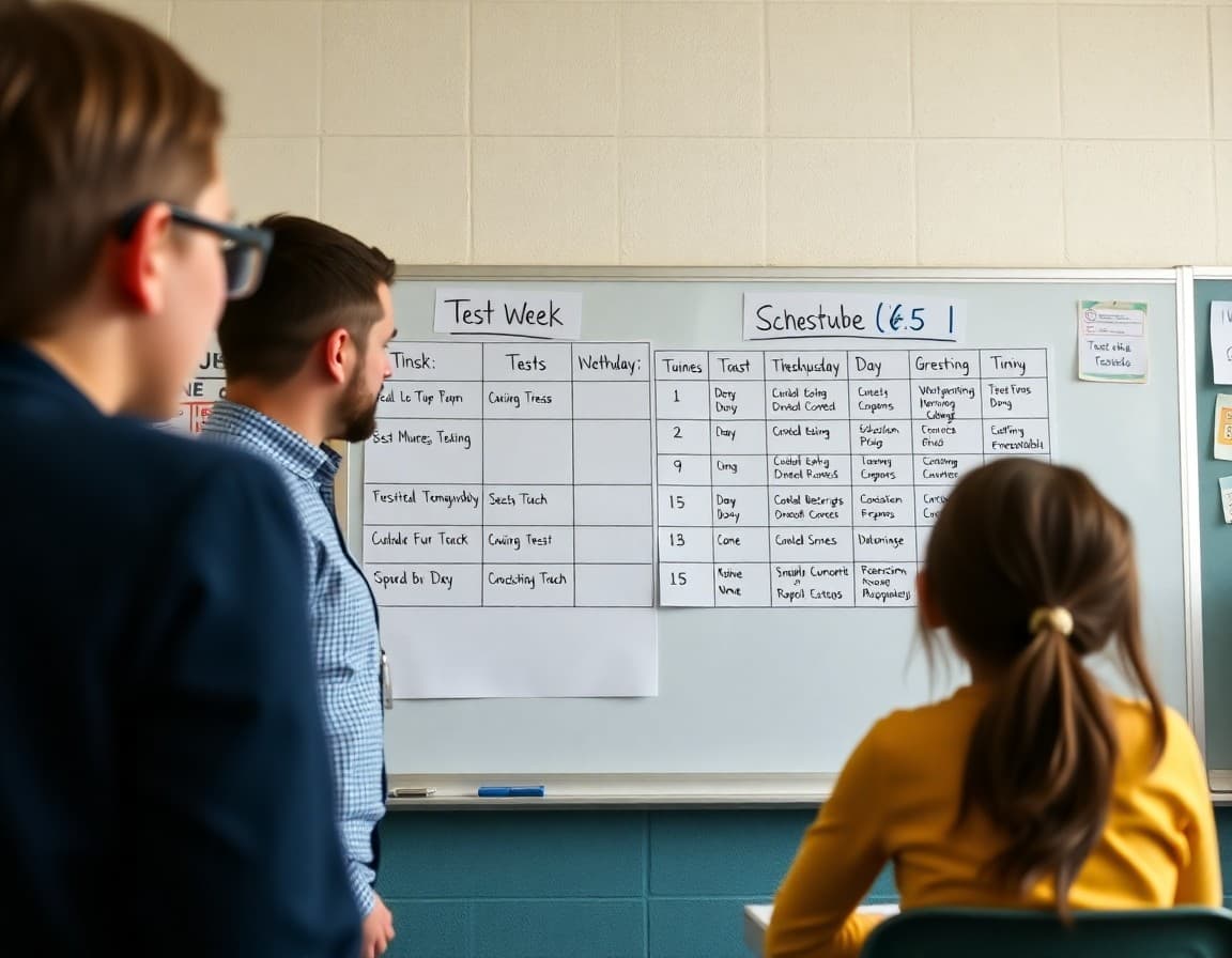 Teacher posting a testing week schedule on a classroom board for 7th grade students