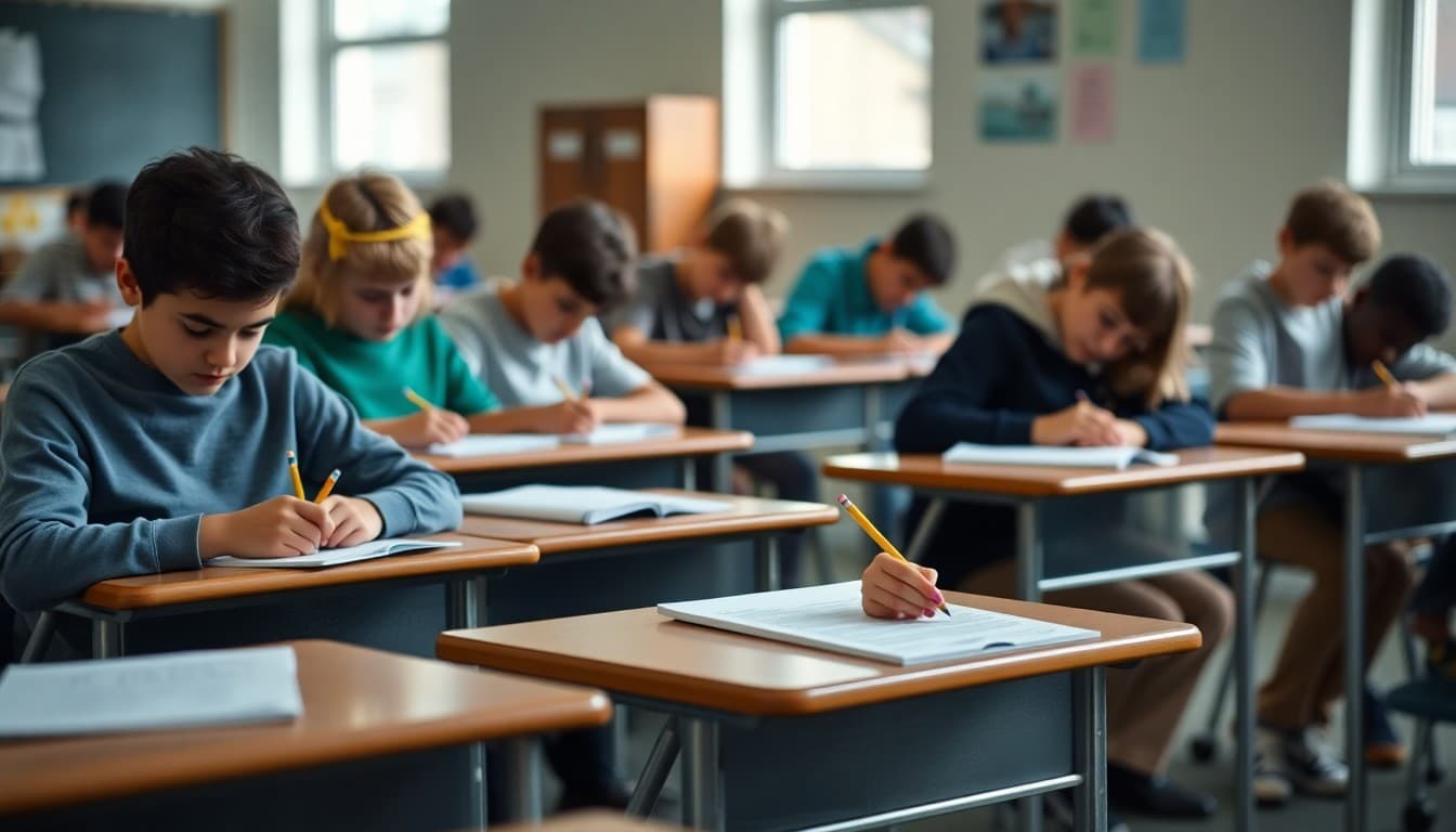 Seventh grade students sitting at individual desks in a quiet testing room with pencils and test booklets