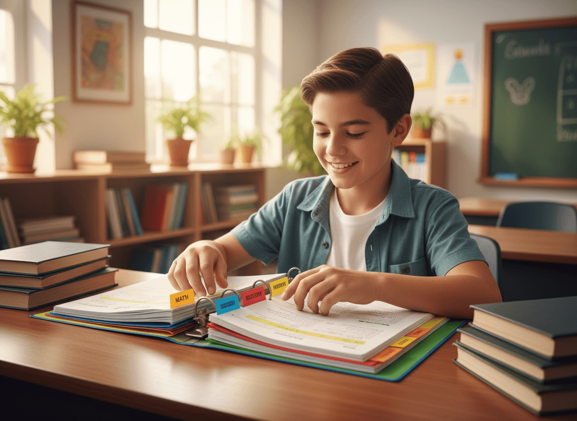 A seventh grade student organizing a binder with color-coded dividers for each subject