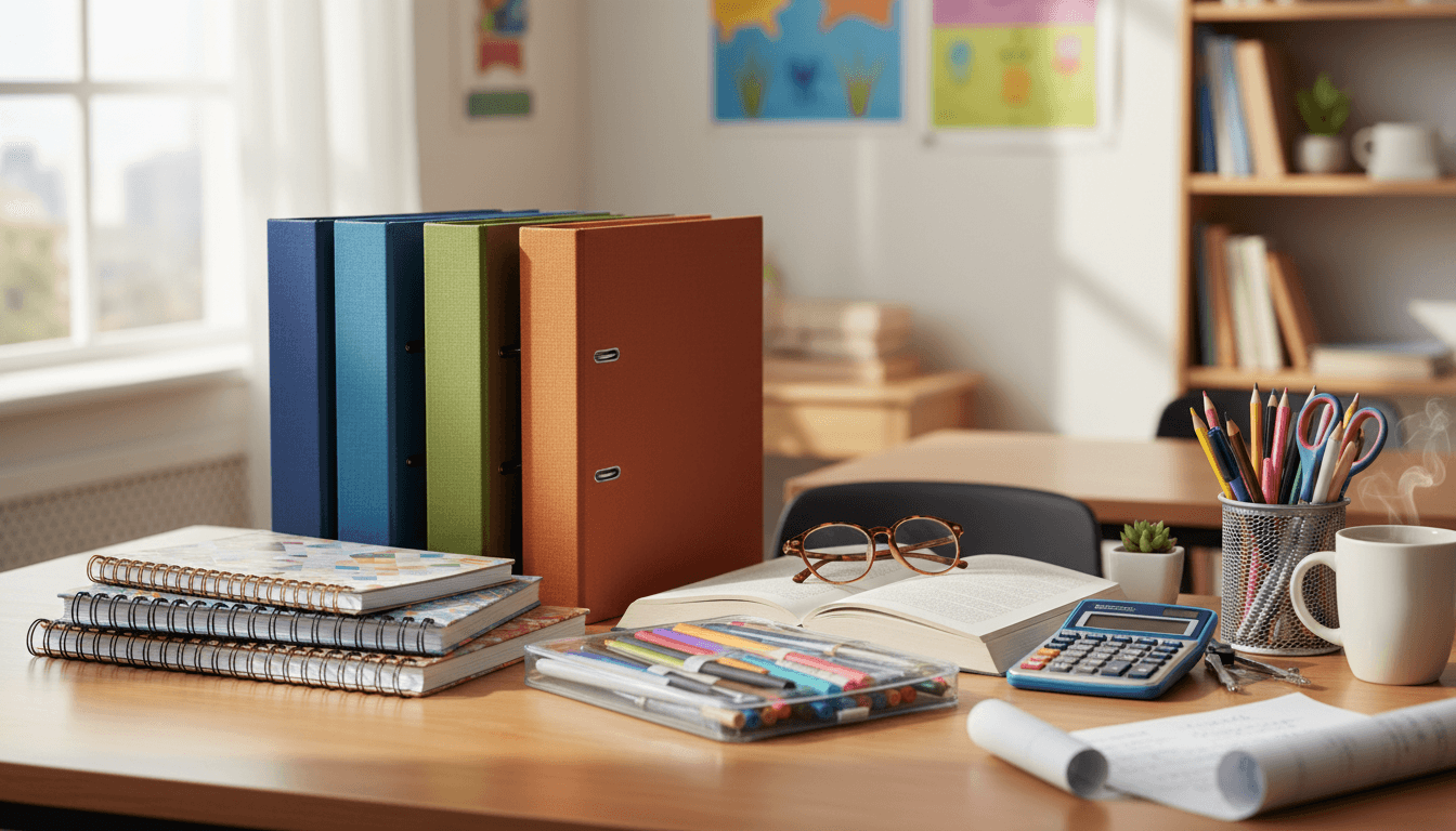 School supplies laid out on a desk including binders, notebooks, colored pens, and a calculator