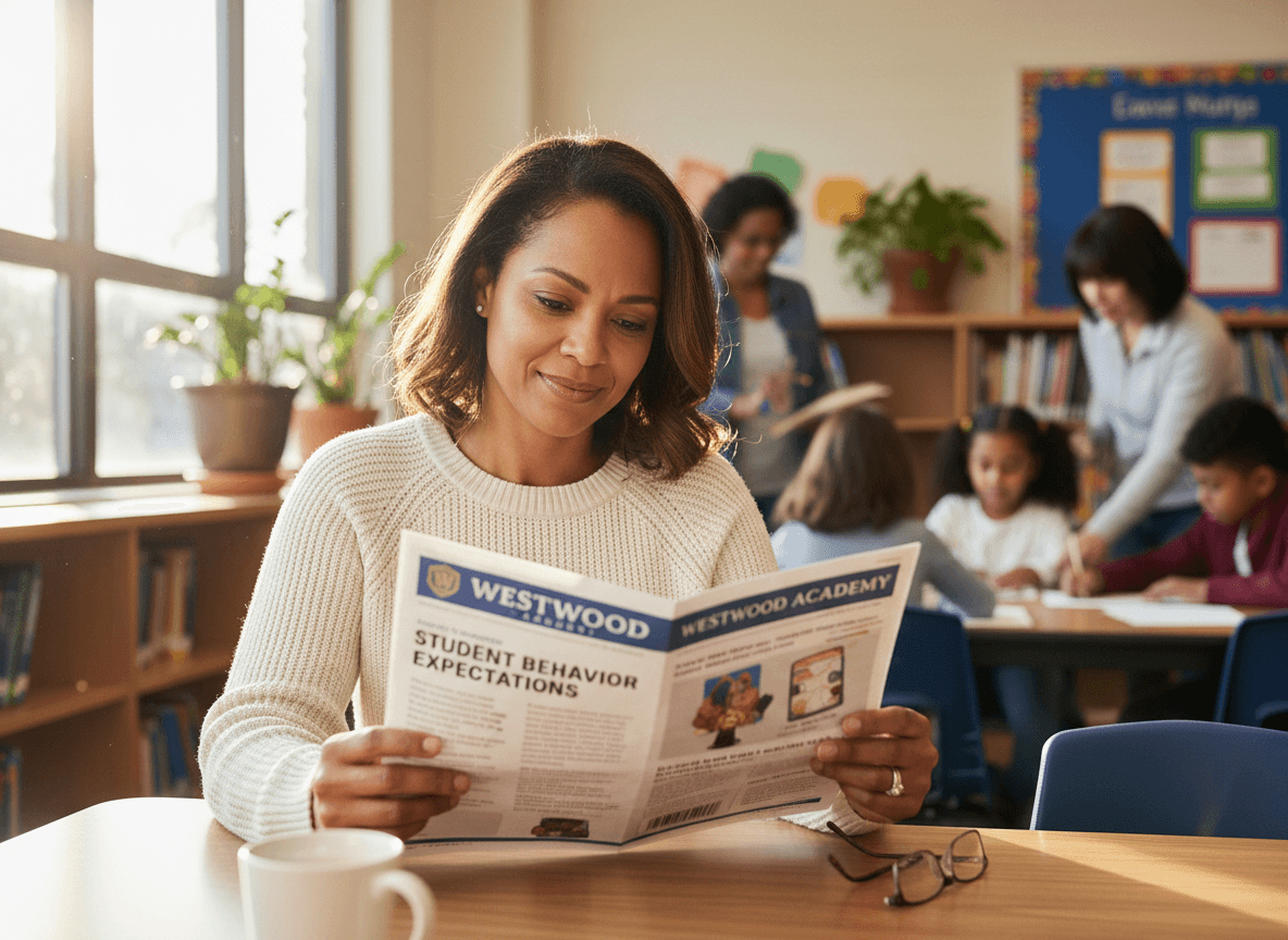 Parent reading a school newsletter about student behavior expectations