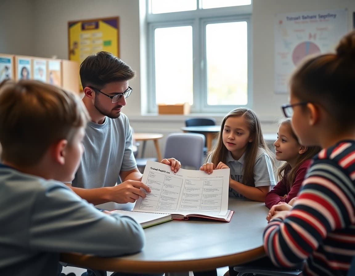 Teacher reviewing a student book report rubric with a small group of 6th graders