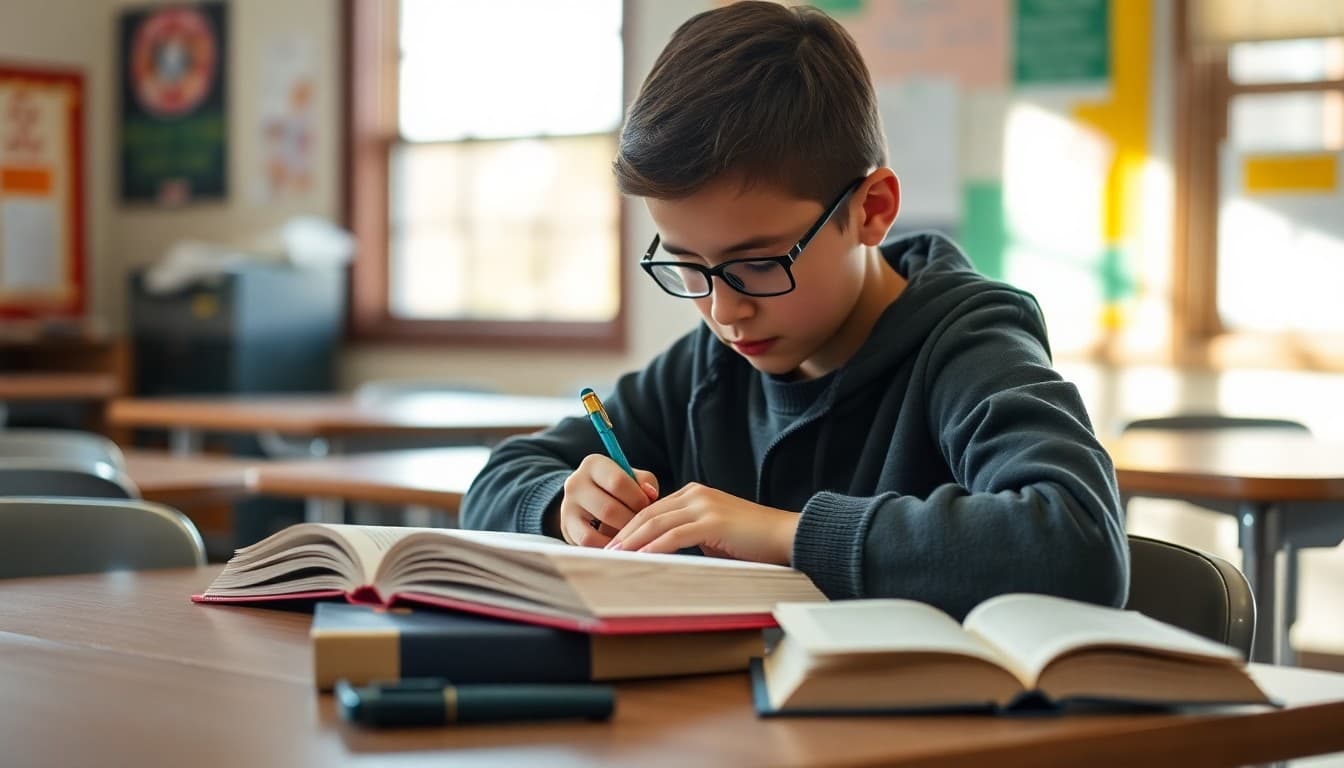 Sixth grade student writing a book report at a desk with an open novel beside them