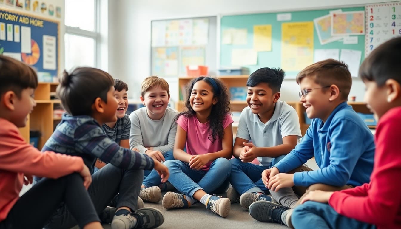 Sixth grade students laughing and working together in a collaborative circle on the classroom floor