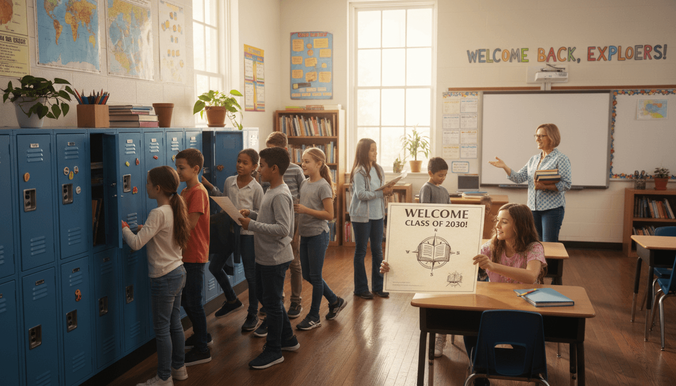 Sixth grade classroom with new students exploring their lockers and reading the class welcome letter on the first day