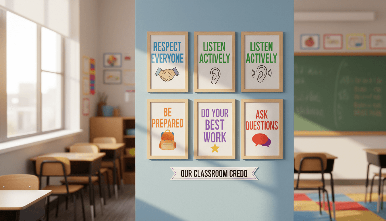 Classroom rules posted on a sixth grade classroom wall