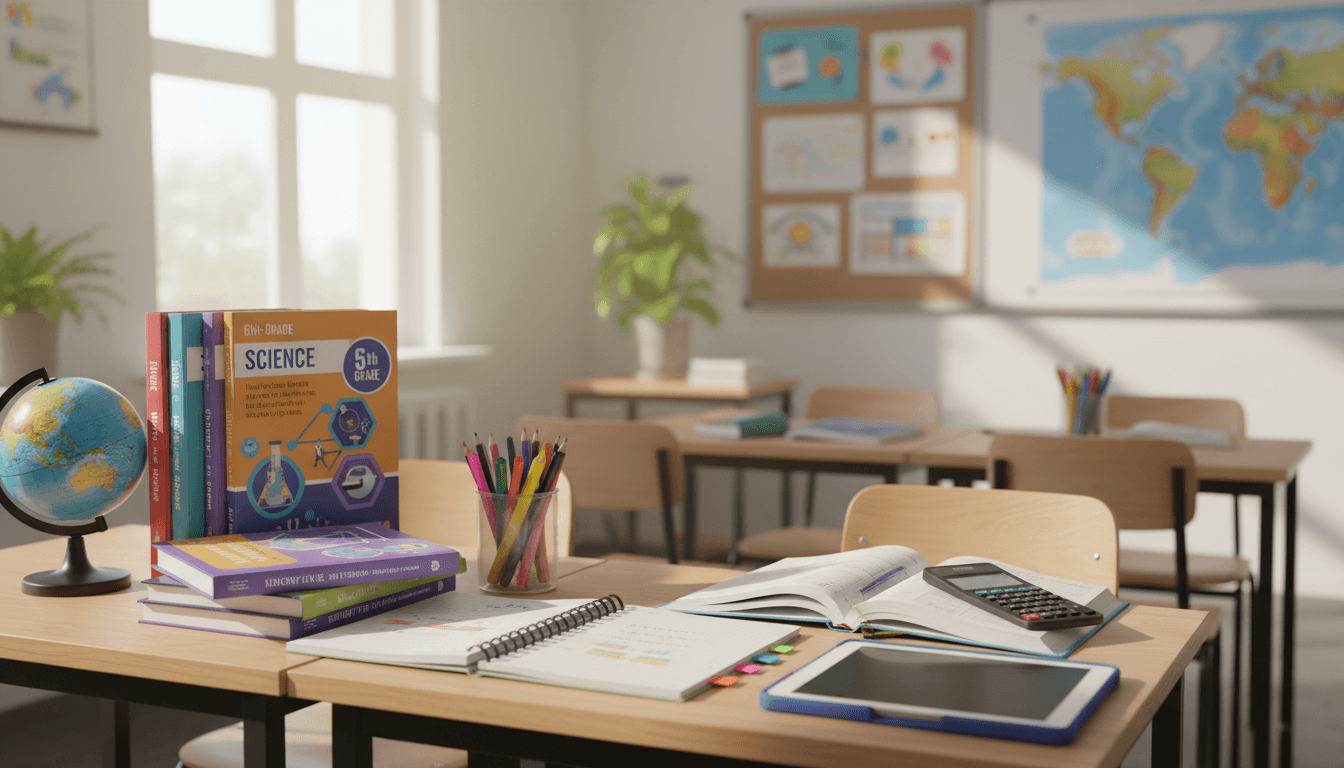 Sixth grade textbooks and supplies laid out on a classroom desk