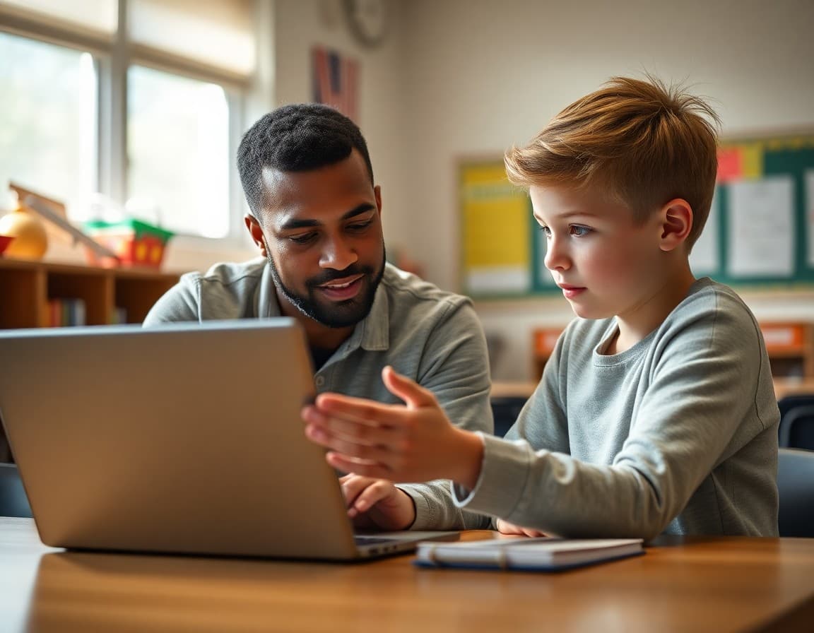 Parent and 6th grade child looking at a laptop together discussing online safety