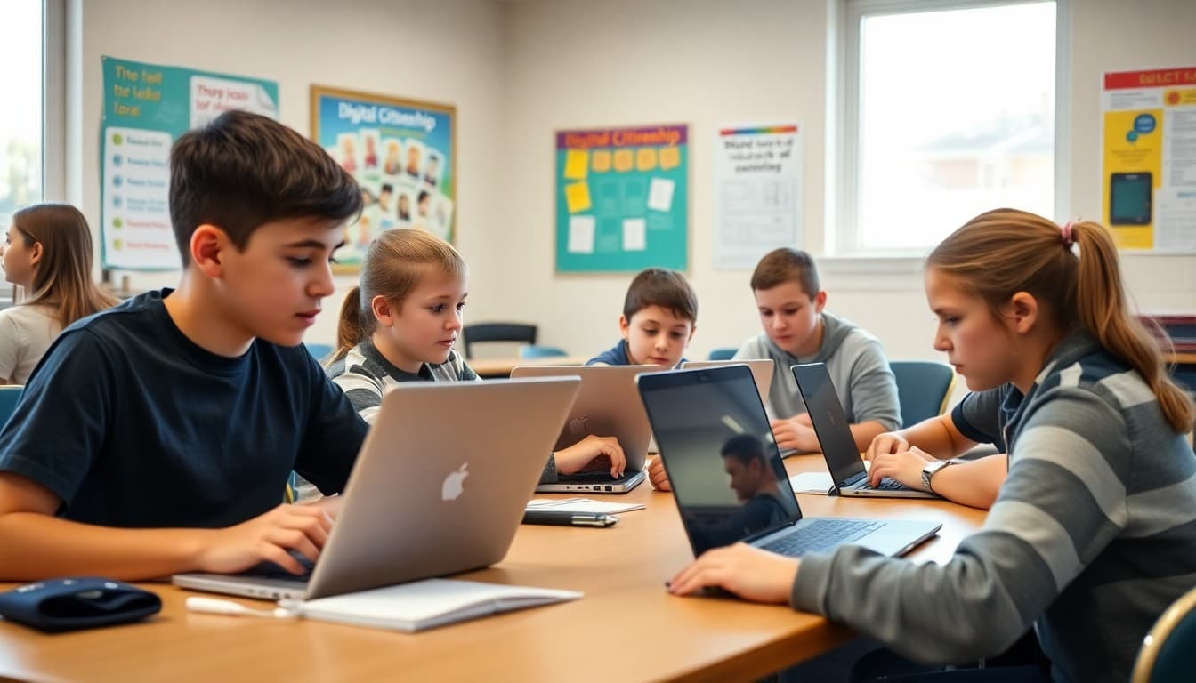 Sixth grade students using laptops in a classroom with a digital citizenship poster visible on the wall