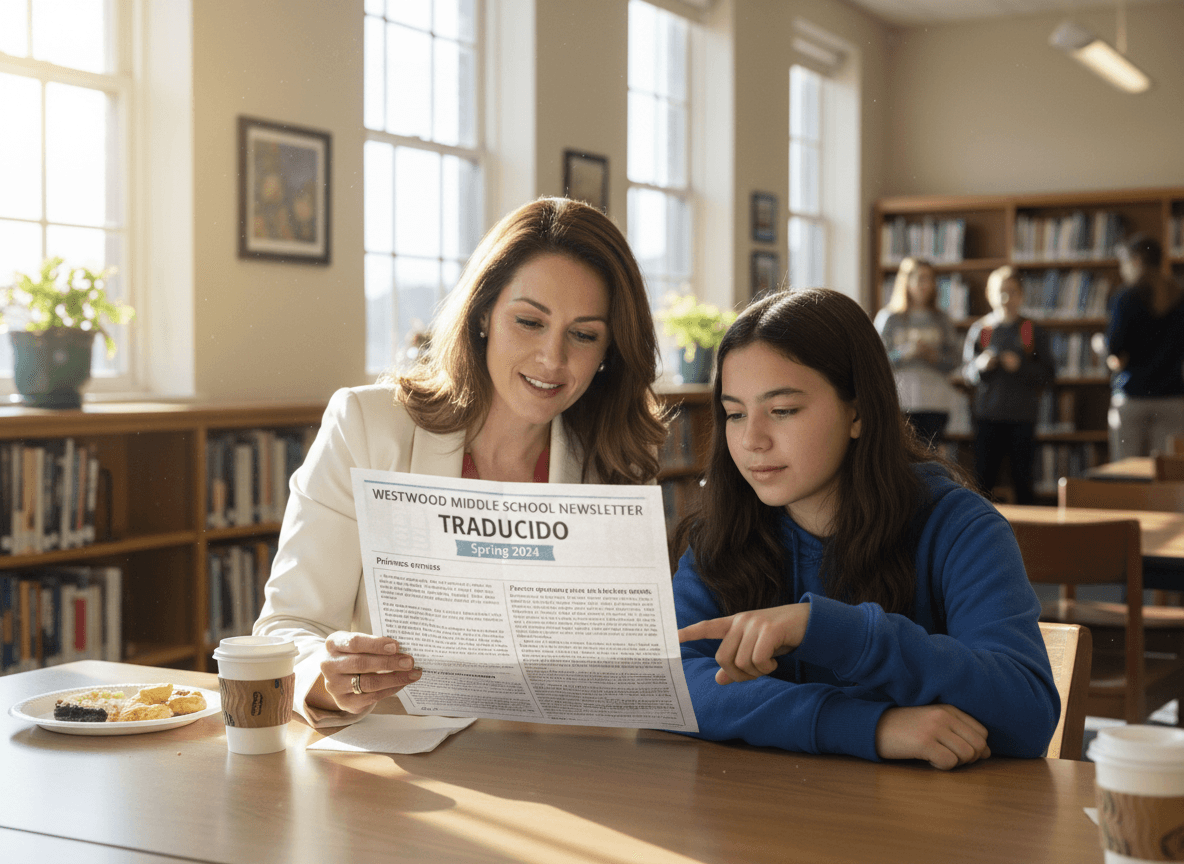 Parent reading a translated school newsletter with their middle school student