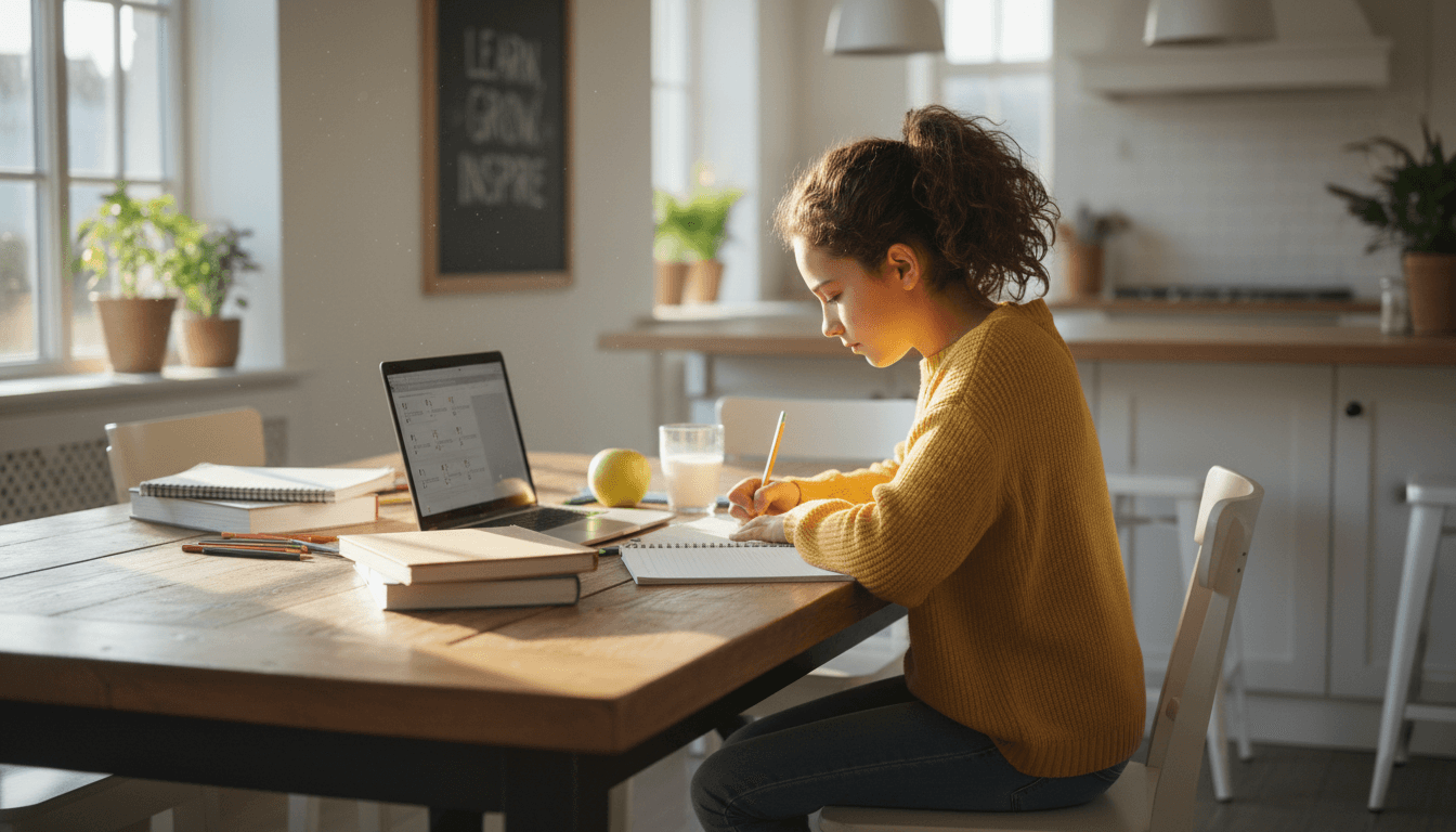 Sixth grade student doing homework at a kitchen table