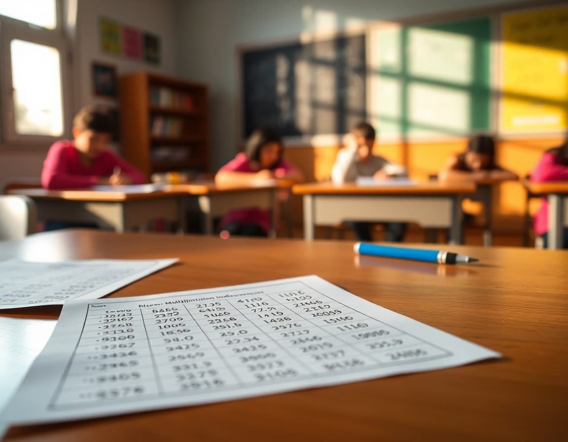A math worksheet with multiplication and division facts spread out on a desk