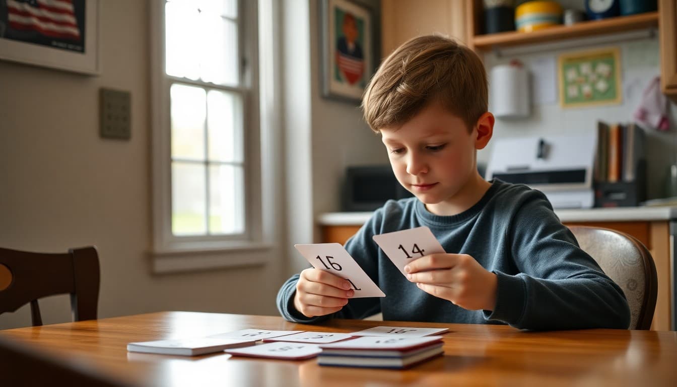 Sixth grade student practicing math facts with flashcards at a kitchen table
