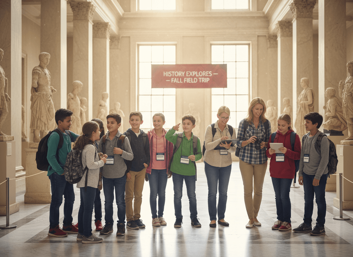 Middle school students on a field trip with parent chaperones