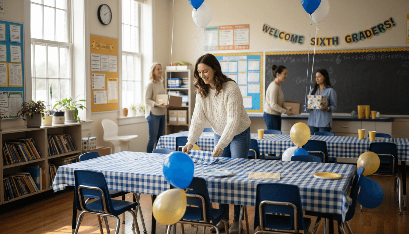 Parent volunteer helping set up a sixth grade classroom event
