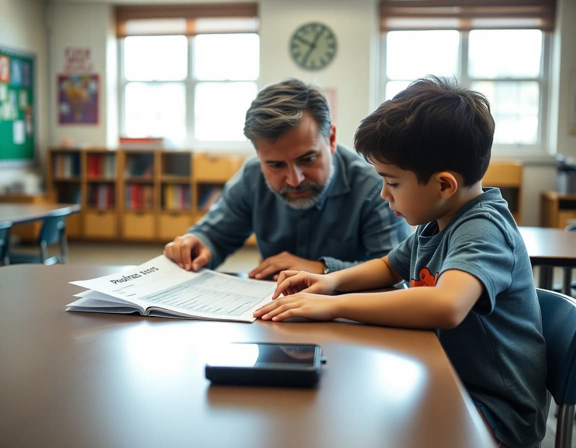 Parent and child reviewing a progress report together at a table