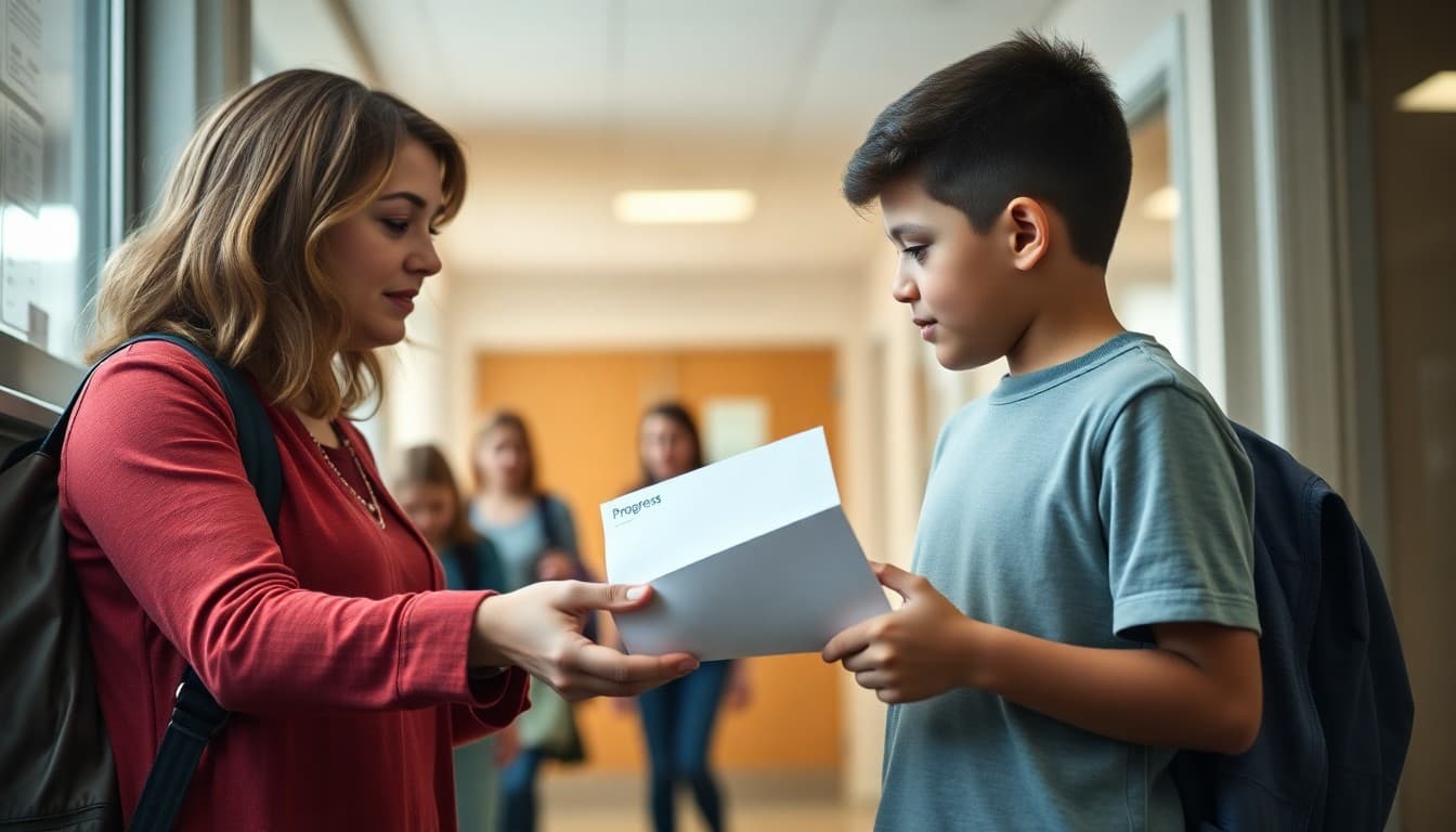 Teacher handing a progress report envelope to a 6th grade student in a school hallway