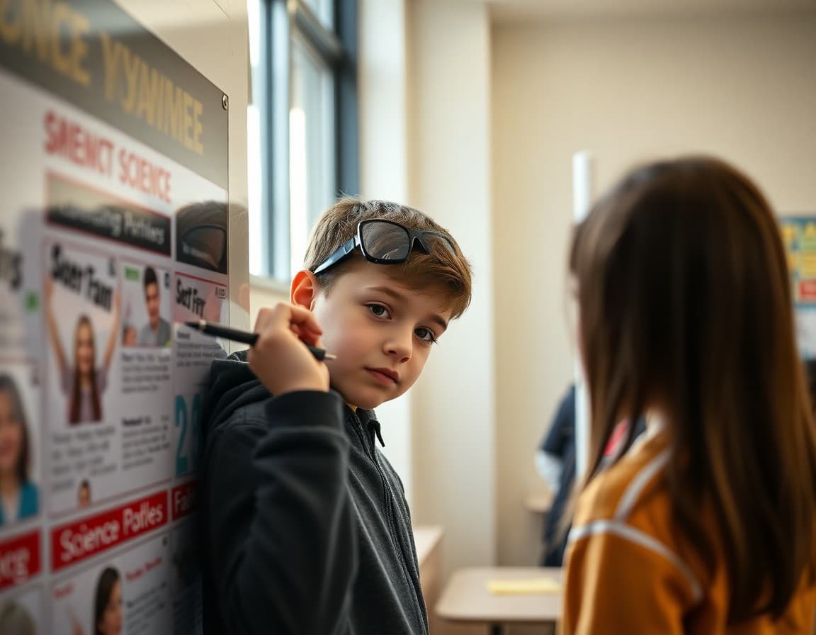 Close-up of a 6th grader writing on a science fair display board