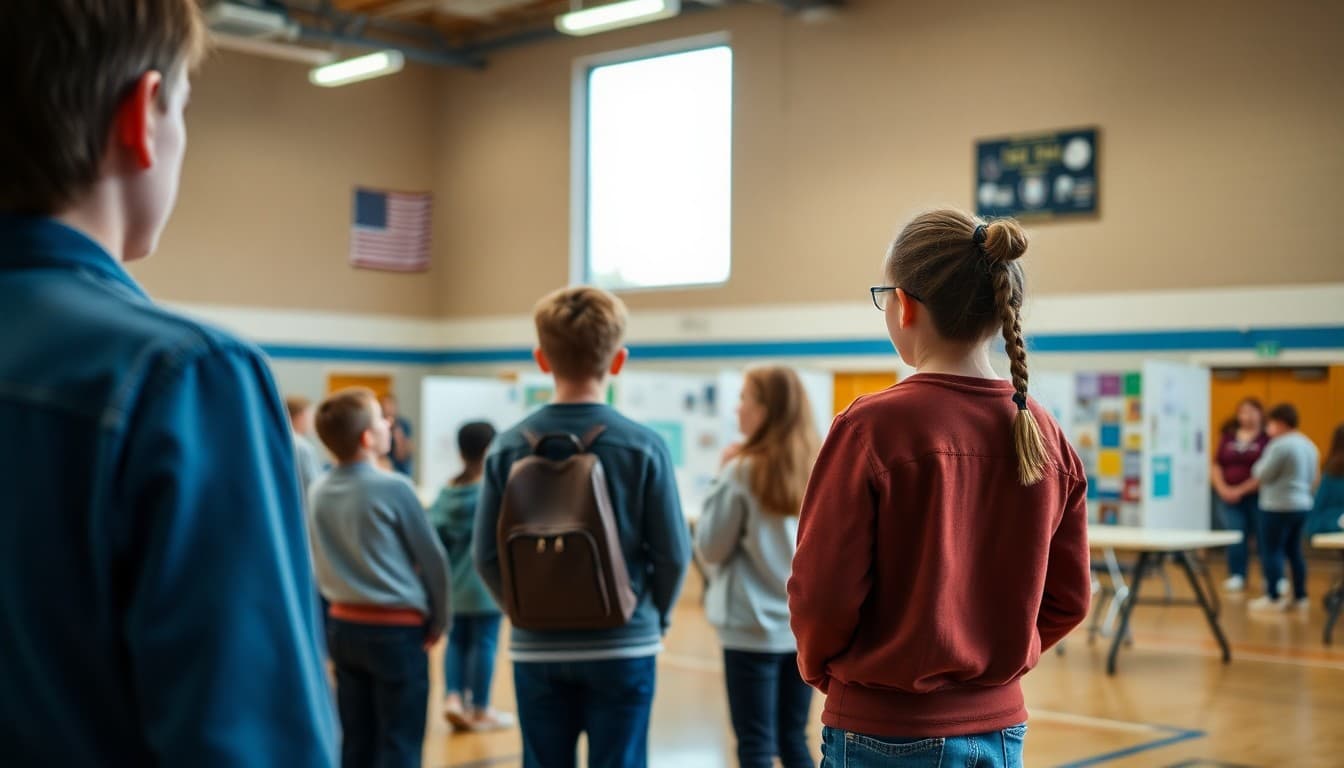 Sixth grade students presenting science fair projects to judges in a school gymnasium