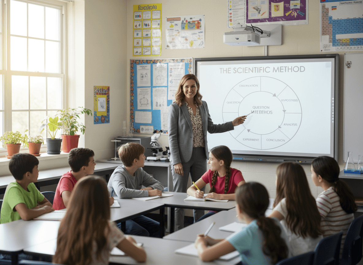 Middle school science teacher explaining the scientific method with a diagram