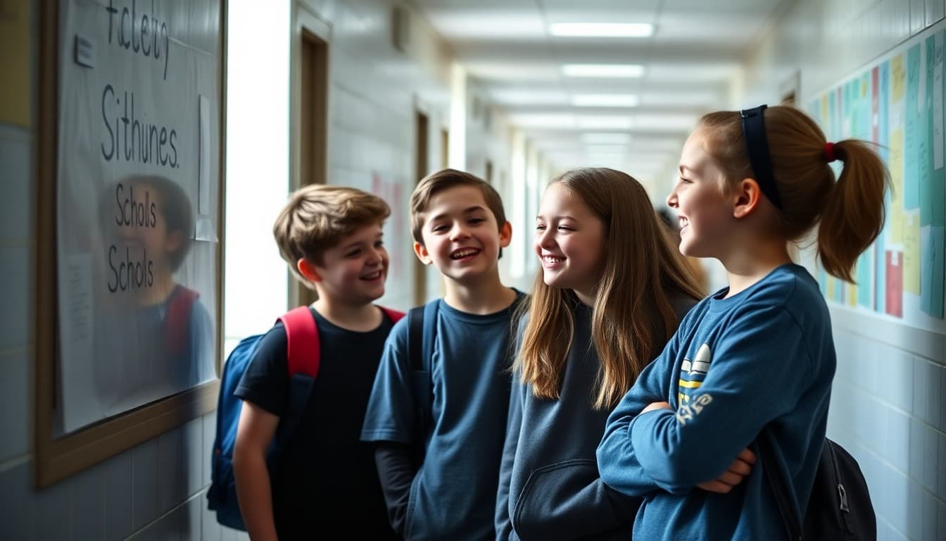 Three sixth grade students talking and laughing together in a school hallway between classes