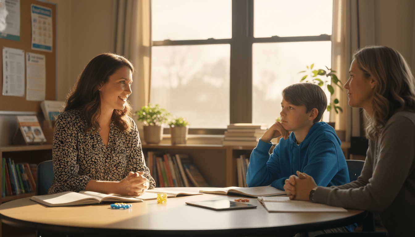 Special education teacher meeting with a sixth grade student and parent