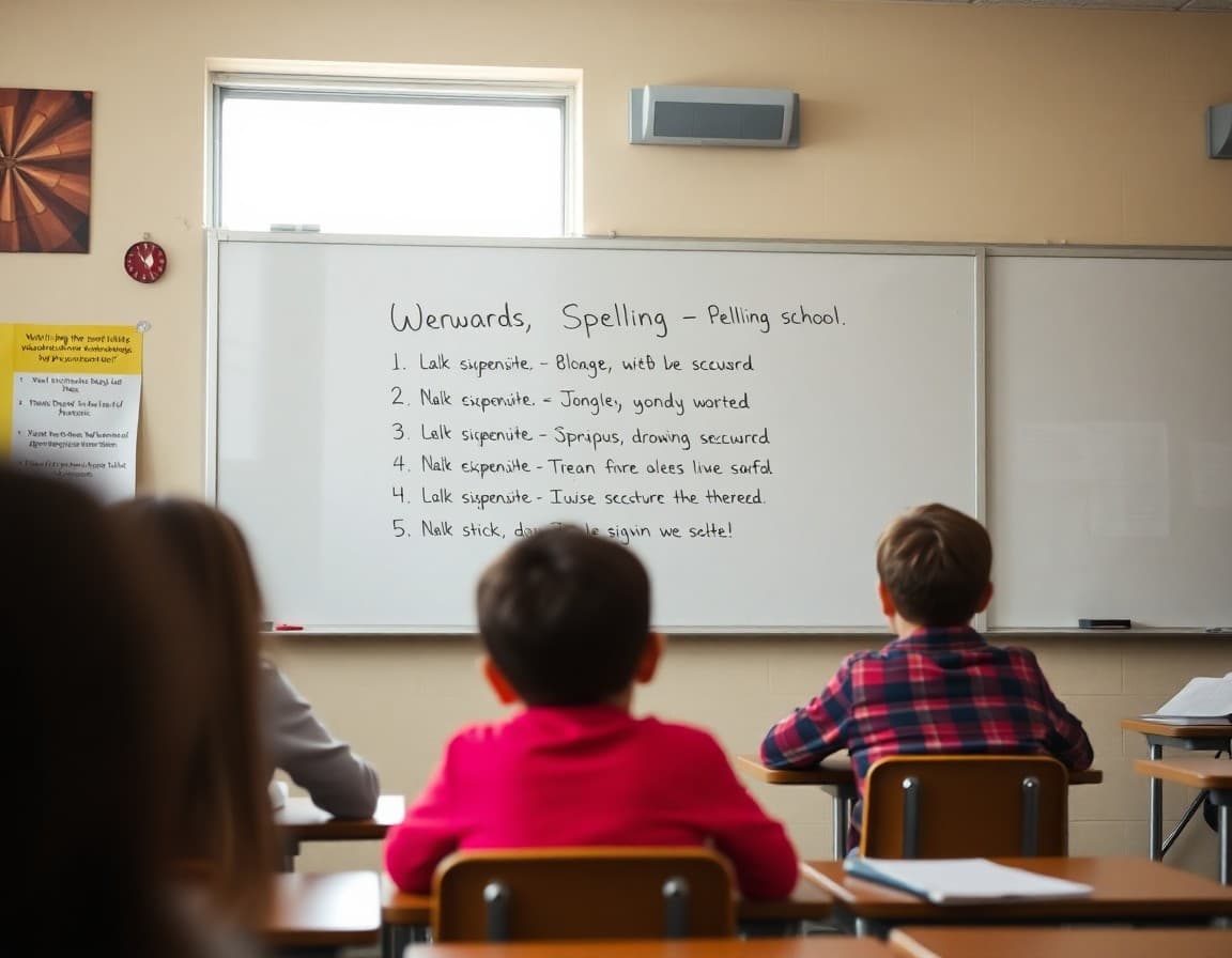 Spelling word list written on a whiteboard in a middle school classroom