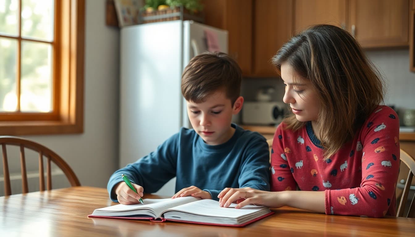 Sixth grader studying spelling words with a parent at a kitchen table with a notebook open