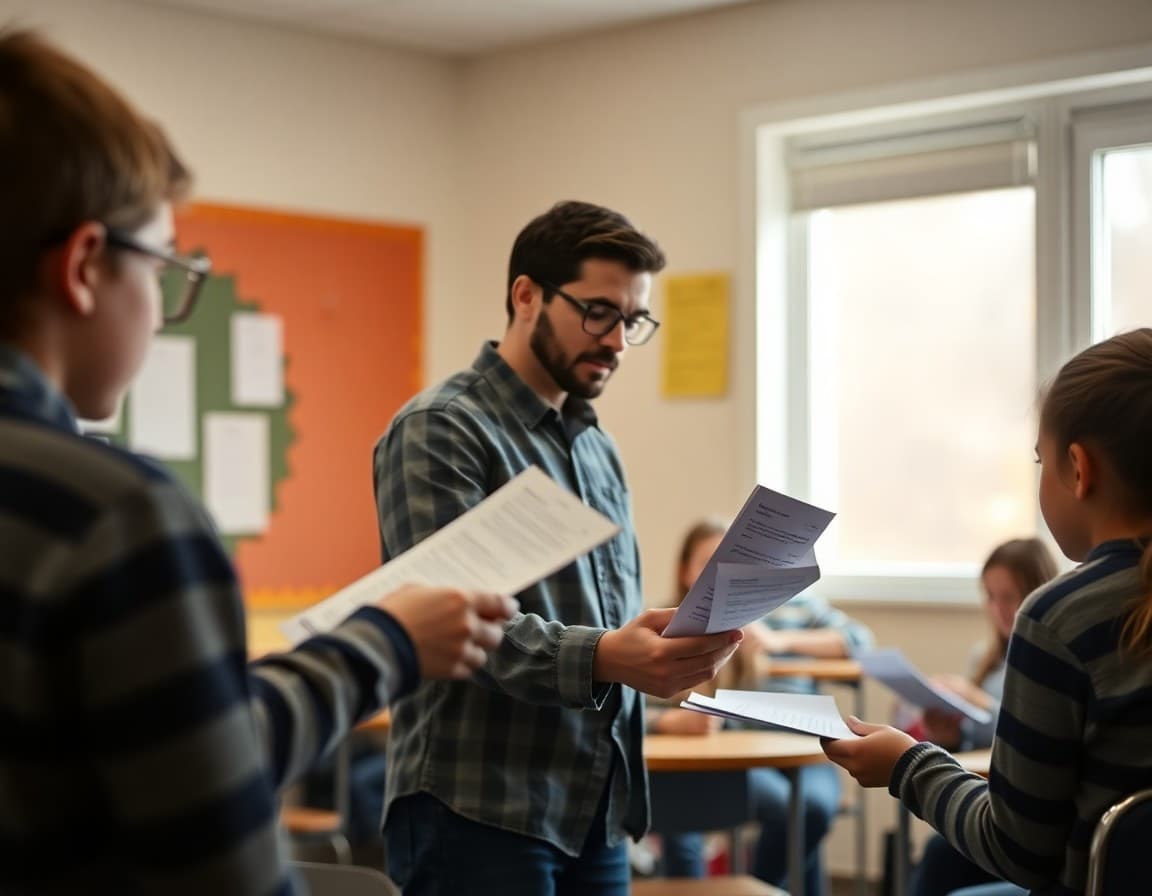 Teacher handing out test booklets to 6th grade students in a classroom
