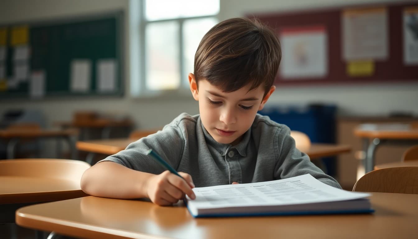 Sixth grade student at a desk focused on a standardized test answer sheet