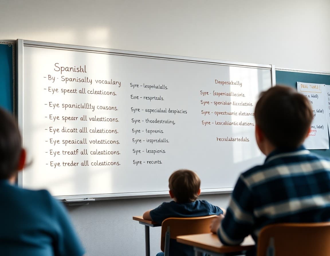 Spanish vocabulary words and grammar structures displayed on a middle school classroom whiteboard