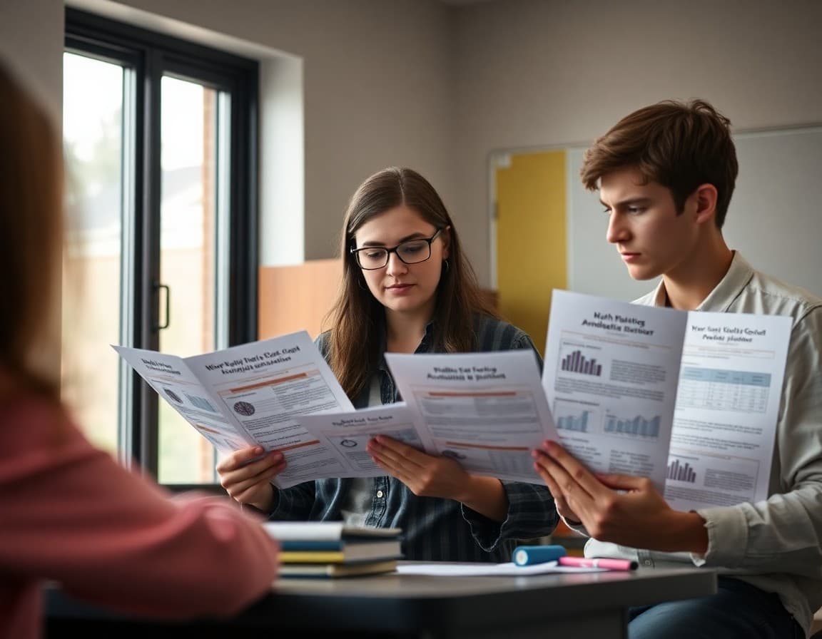 Middle school math teacher reviewing multiple statistics newsletter drafts and comparing formats