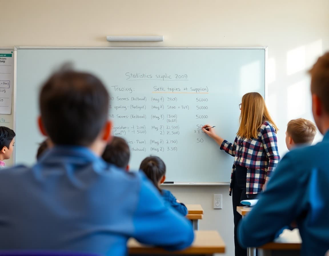 Middle school math teacher writing statistics test topics on classroom whiteboard for review