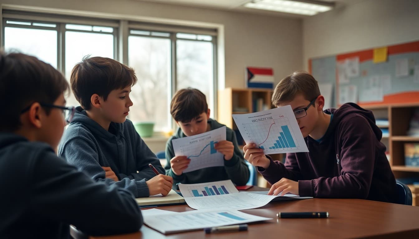 Middle school students reviewing statistics notes and box plots before an upcoming math test