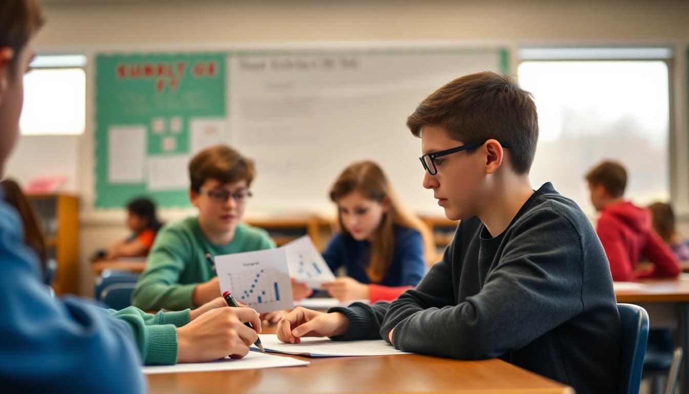 Middle school students analyzing scatter plots and data graphs during a statistics unit